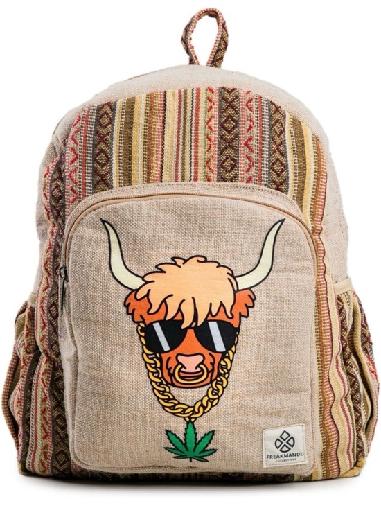 Freakmandu Handbags - Freakmandu Hemp Patch Backpack with Fun Bull Graphic - Beige & Multicolor